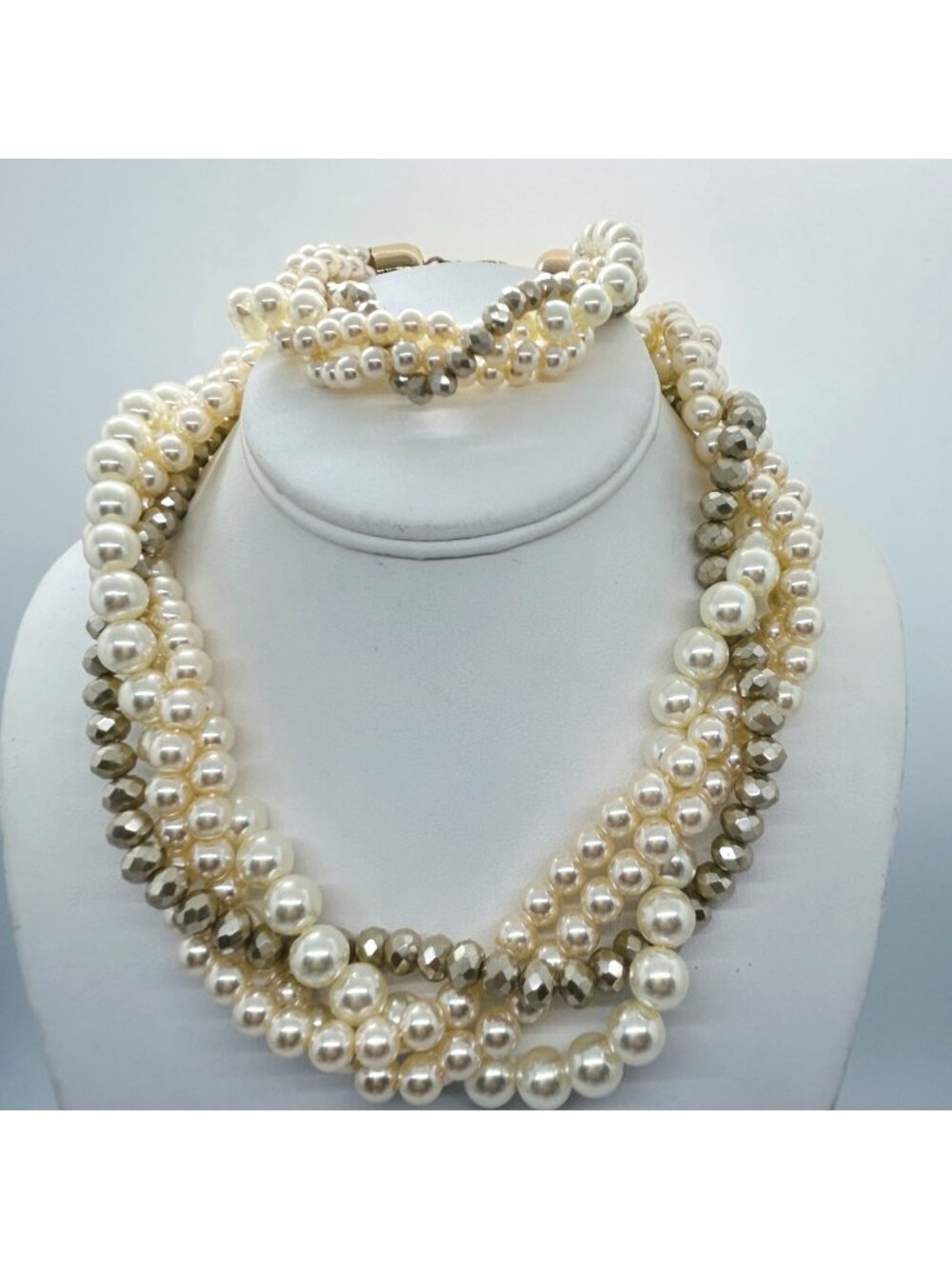Multi Strand Faux Pearl Necklace Bracelet Set Faceted Bead Statement Choker